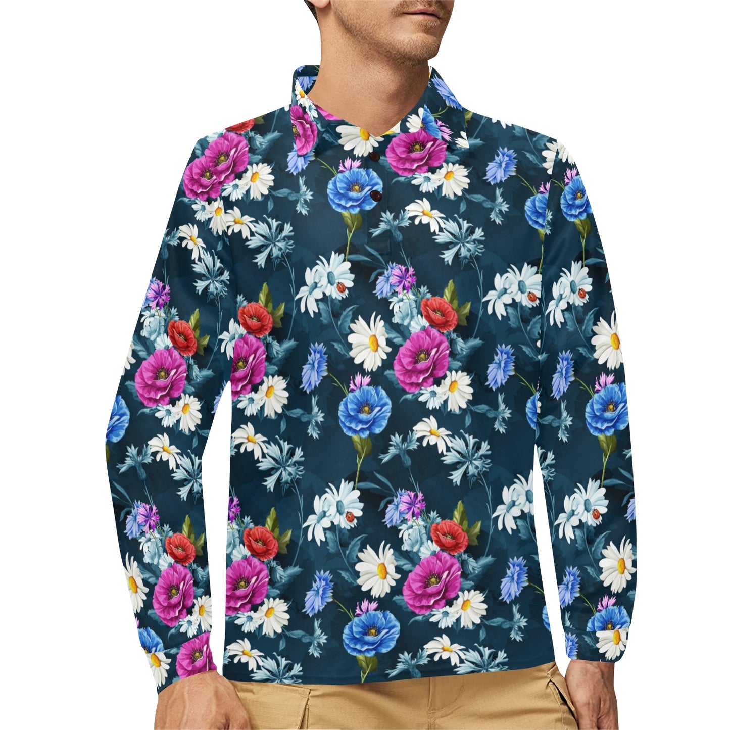 Floral Blue Themed Print Long Sleeve Polo Shirt For Men's