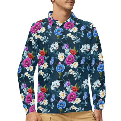 Floral Blue Themed Print Long Sleeve Polo Shirt For Men's