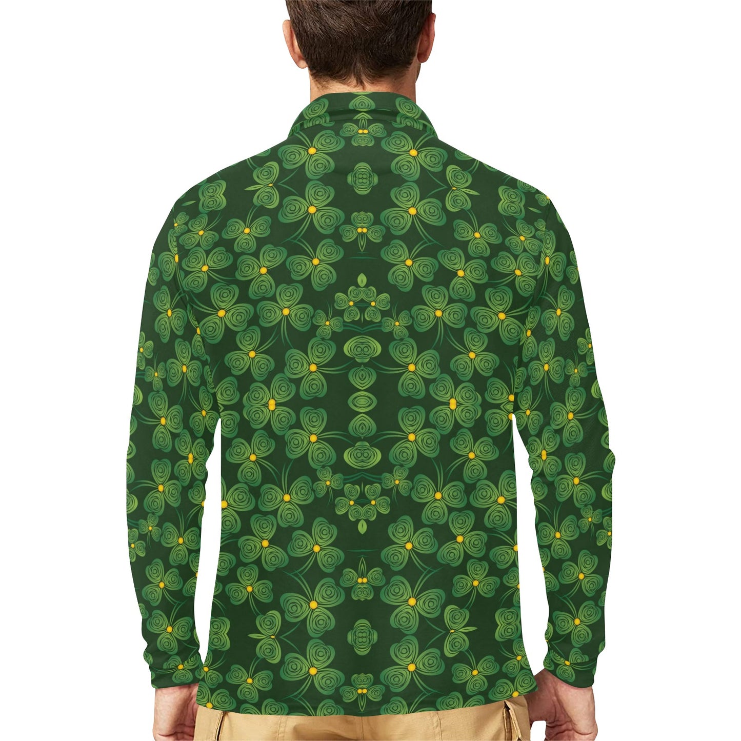 Shamrock Pattern Long Sleeve Polo Shirt For Men's