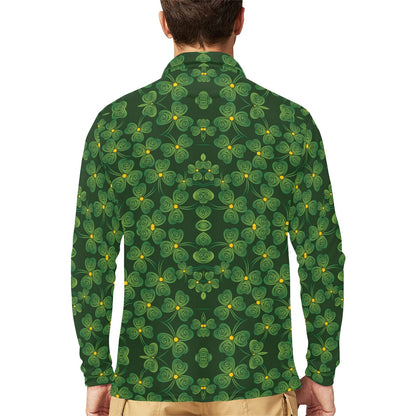 Shamrock Pattern Long Sleeve Polo Shirt For Men's