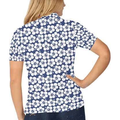 Hibiscus Blue Hawaiian Flower Pattern Women's Polo Shirt