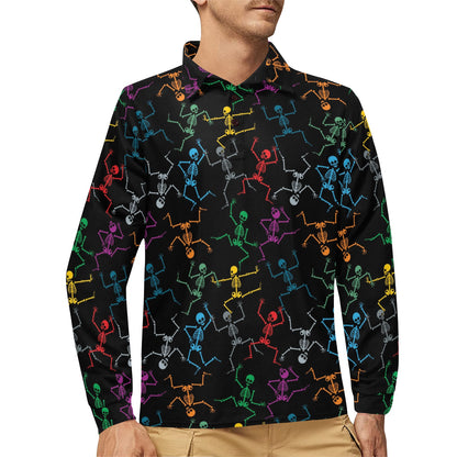 Skeleton Colorful Print Design LKS302 Long Sleeve Polo Shirt For Men's