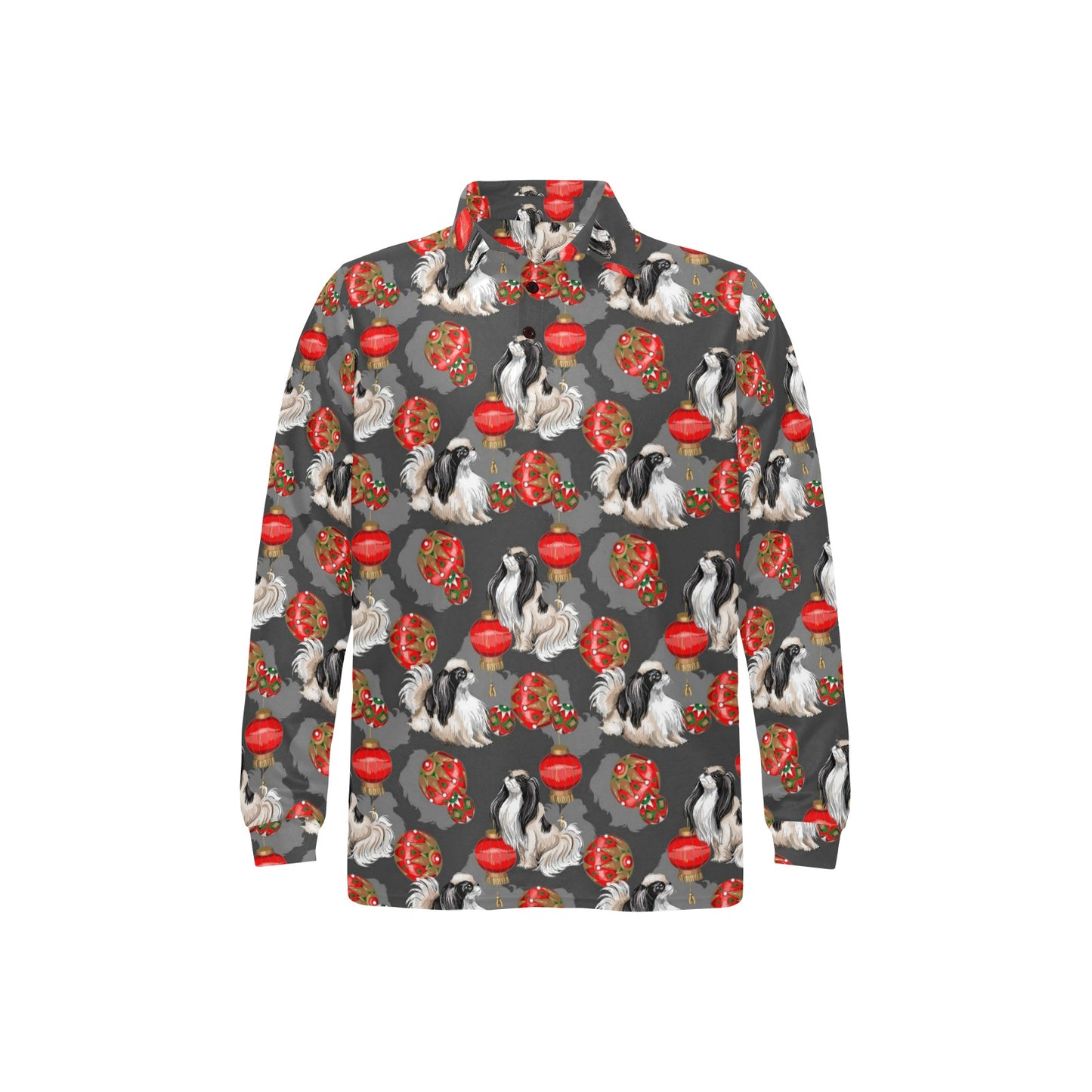 Japanese Chin Pattern Print Design 02 Long Sleeve Polo Shirt For Men's