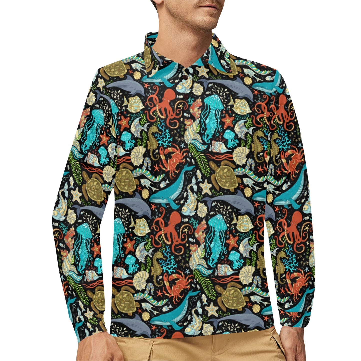 Underwater Animal Print Design LKS301 Long Sleeve Polo Shirt For Men's
