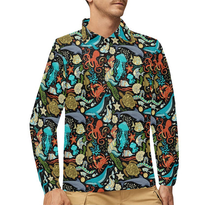 Underwater Animal Print Design LKS301 Long Sleeve Polo Shirt For Men's