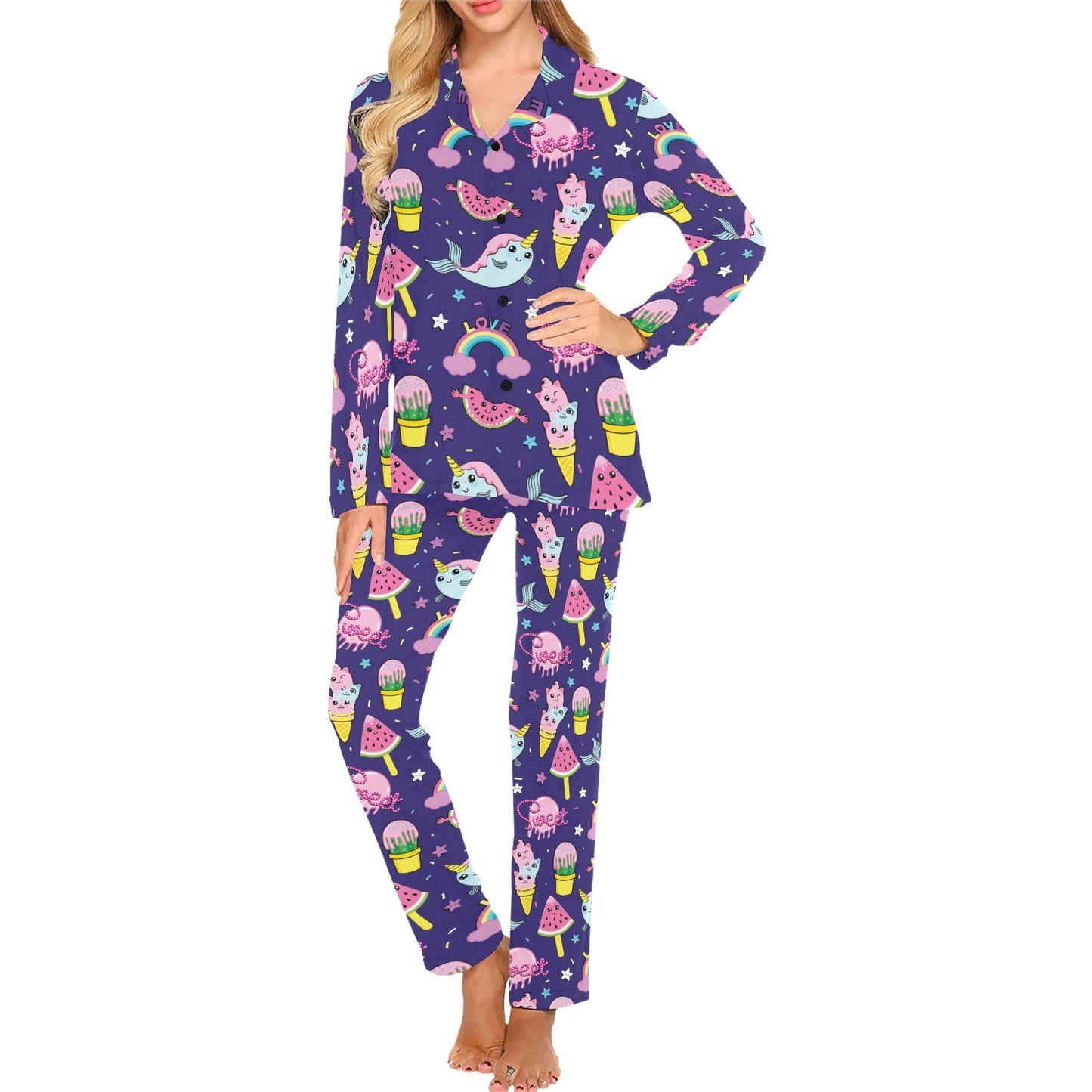 Narwhal Cute Pattern Print Design 02 Women's Long Pajama Set