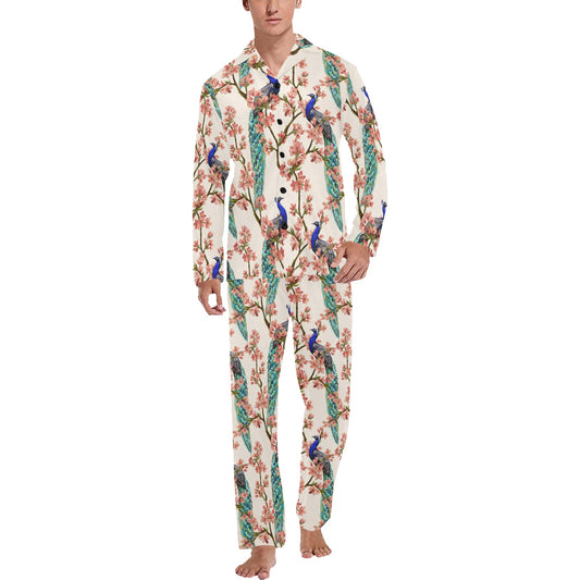 Cherry Blossom Peacock Men's Long Pajama Set