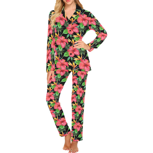Red Hibiscus Pattern Print Design HB07 Women's Long Pajama Set