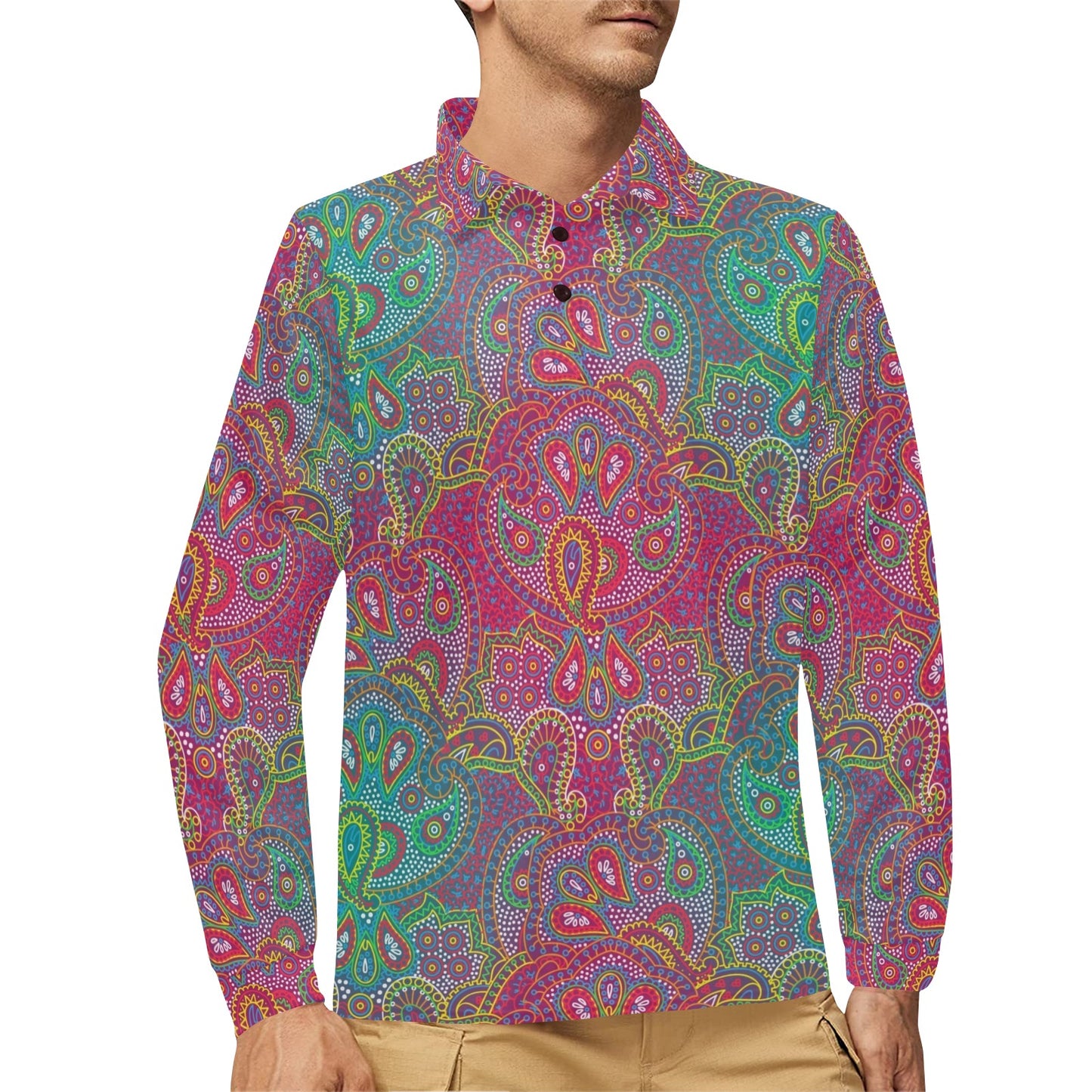 Boho Pattern Print Design 02 Long Sleeve Polo Shirt For Men's