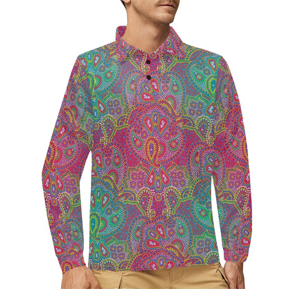 Boho Pattern Print Design 02 Long Sleeve Polo Shirt For Men's