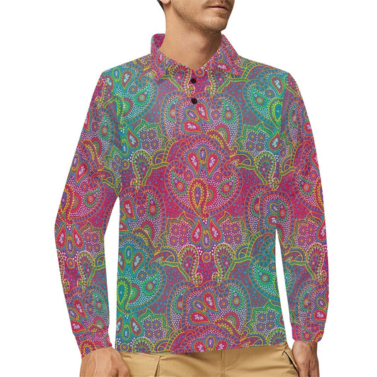 Boho Pattern Print Design 02 Long Sleeve Polo Shirt For Men's