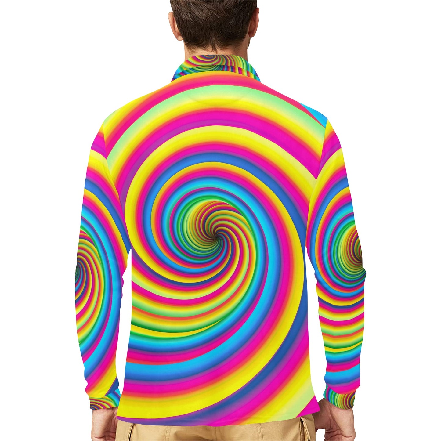 Vortex Twist Swirl Rainbow Design Long Sleeve Polo Shirt For Men's