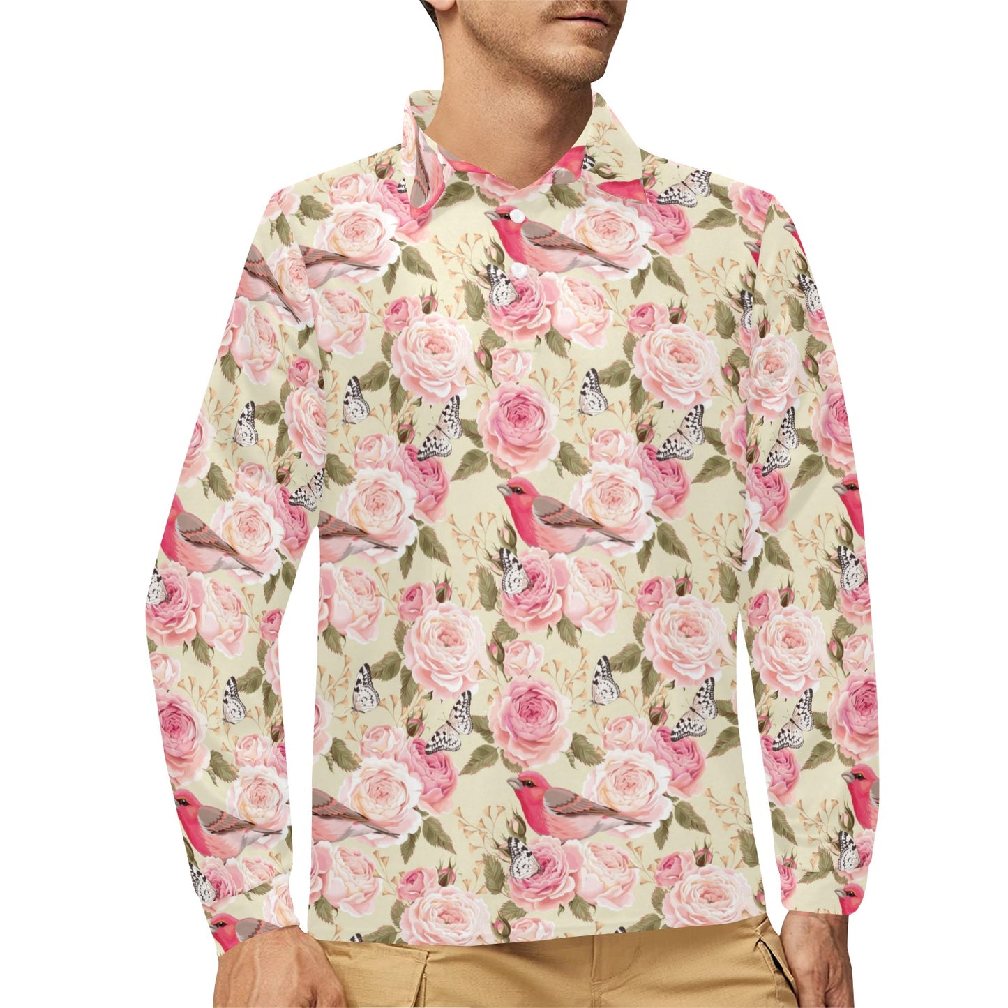 Bird Butterfly Pink Flower Print Pattern Long Sleeve Polo Shirt For Men's