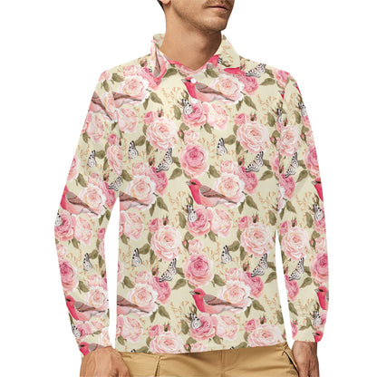 Bird Butterfly Pink Flower Print Pattern Long Sleeve Polo Shirt For Men's
