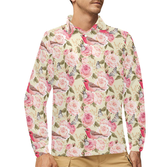 Bird Butterfly Pink Flower Print Pattern Long Sleeve Polo Shirt For Men's