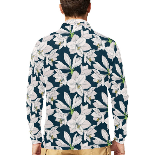 Amaryllis Pattern Print Design AL02 Long Sleeve Polo Shirt For Men's