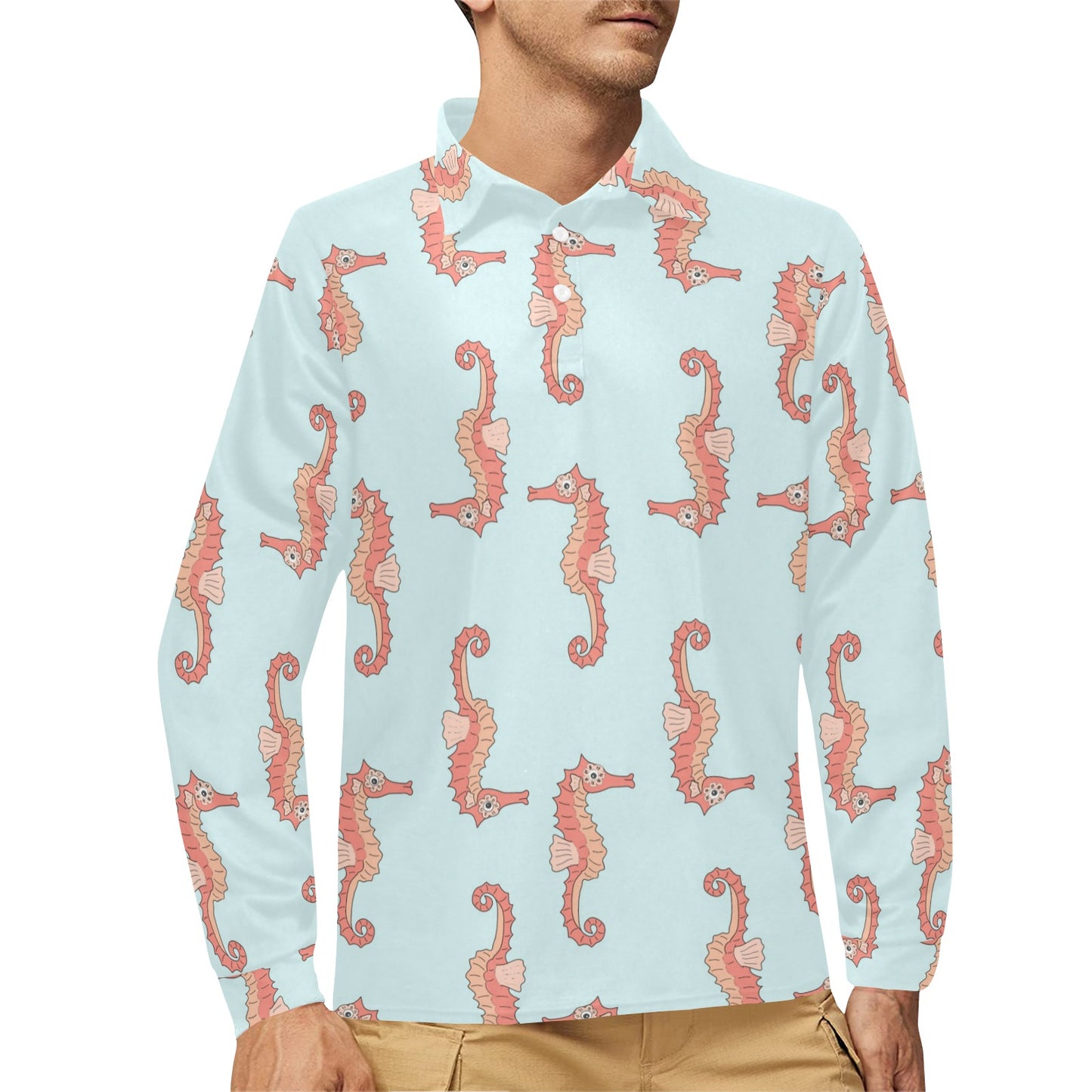 SeaHorse Pattern Print Design 01 Long Sleeve Polo Shirt For Men's