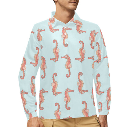 SeaHorse Pattern Print Design 01 Long Sleeve Polo Shirt For Men's
