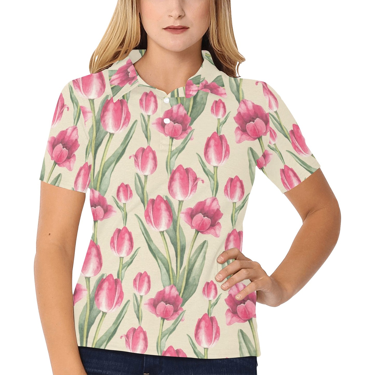 Tulip Pink Pattern Print Design TP06 Women's Polo Shirt