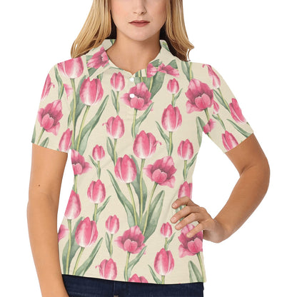Tulip Pink Pattern Print Design TP06 Women's Polo Shirt