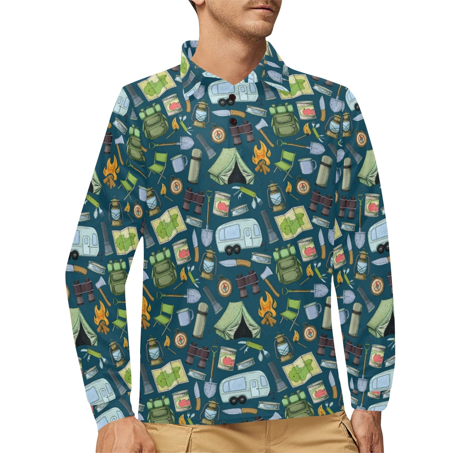 Camping Pattern Print Design 02 Long Sleeve Polo Shirt For Men's