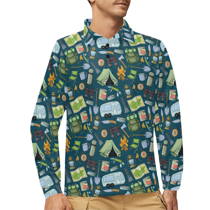 Camping Pattern Print Design 02 Long Sleeve Polo Shirt For Men's