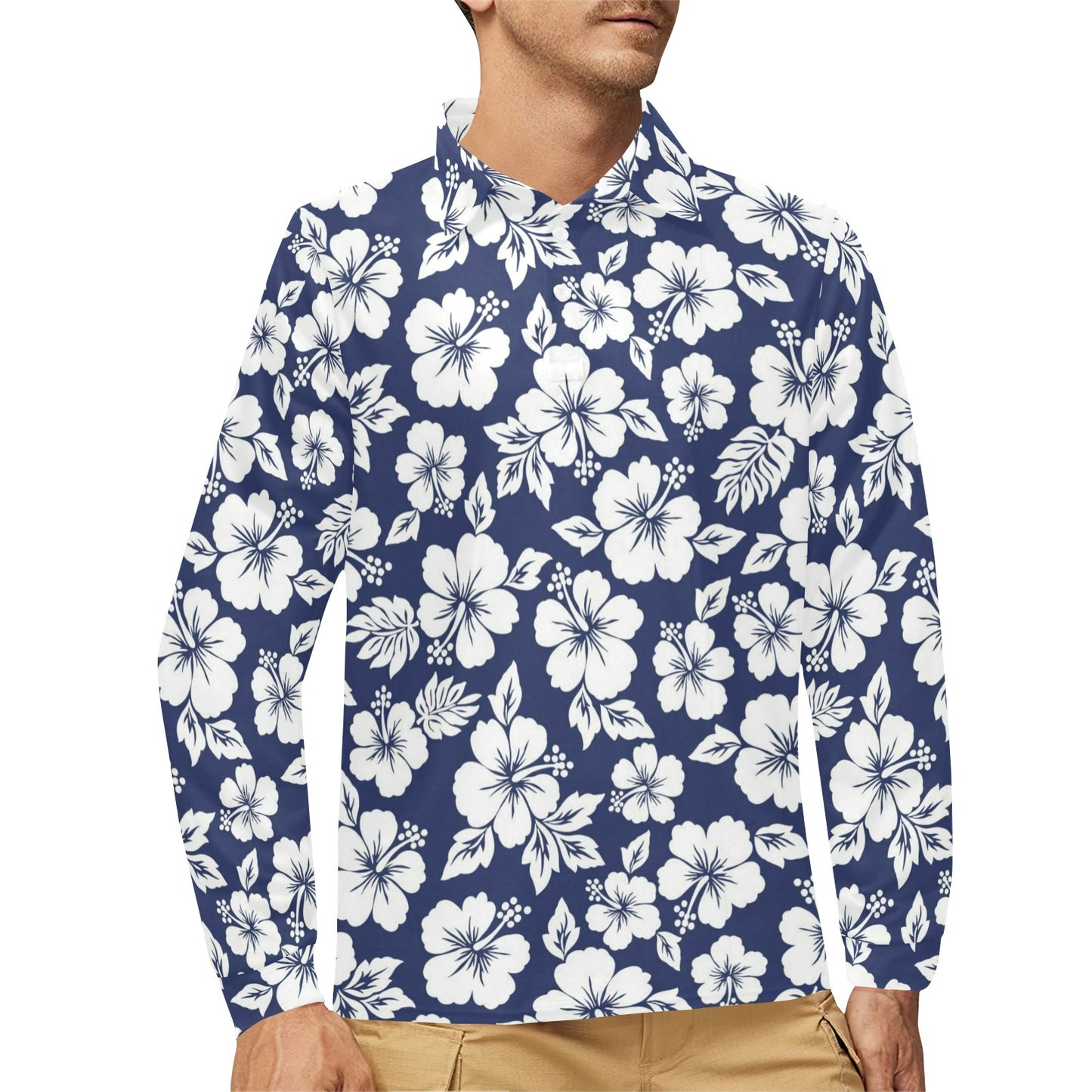 Hibiscus Pattern Print Design HB012 Long Sleeve Polo Shirt For Men's