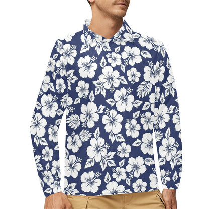 Hibiscus Pattern Print Design HB012 Long Sleeve Polo Shirt For Men's
