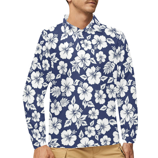 Hibiscus Pattern Print Design HB012 Long Sleeve Polo Shirt For Men's