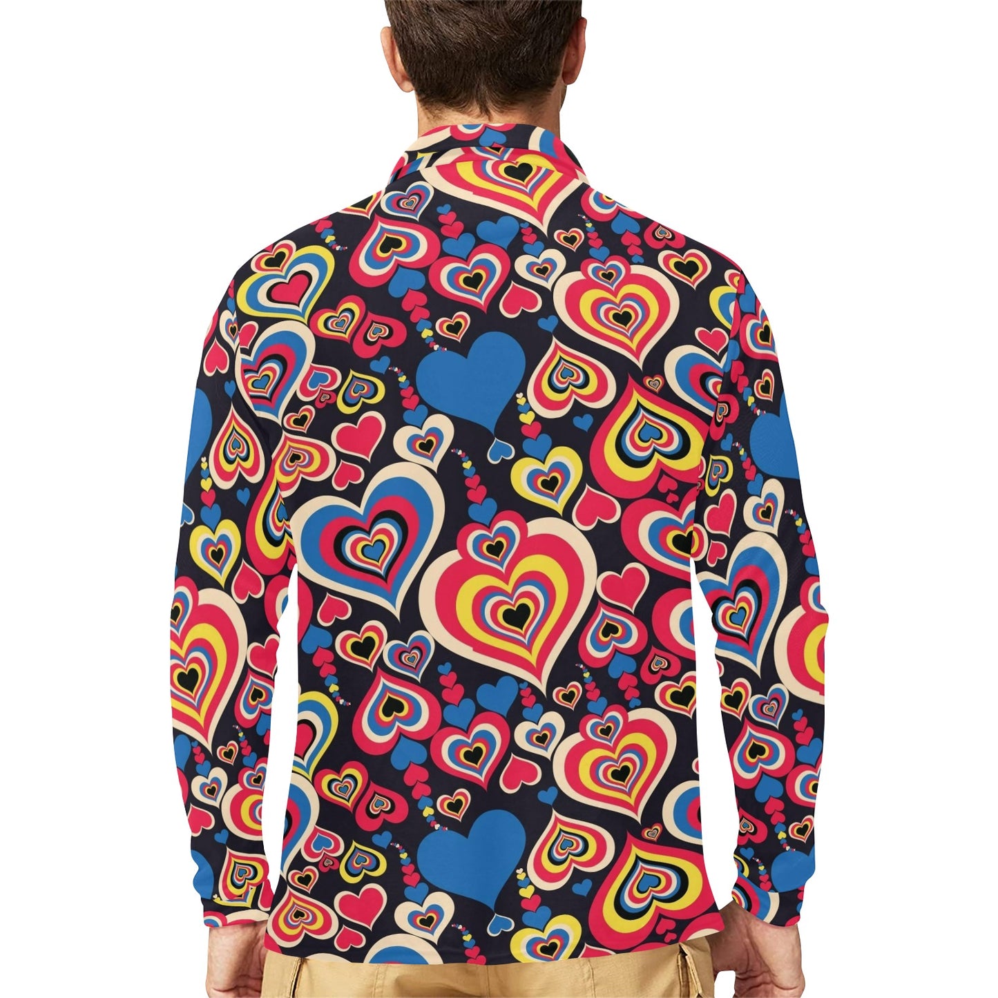 Heart Pattern Print Design HE08 Long Sleeve Polo Shirt For Men's