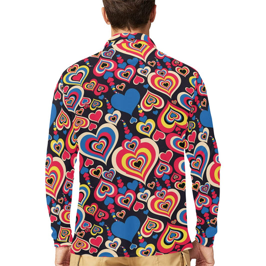 Heart Pattern Print Design HE08 Long Sleeve Polo Shirt For Men's