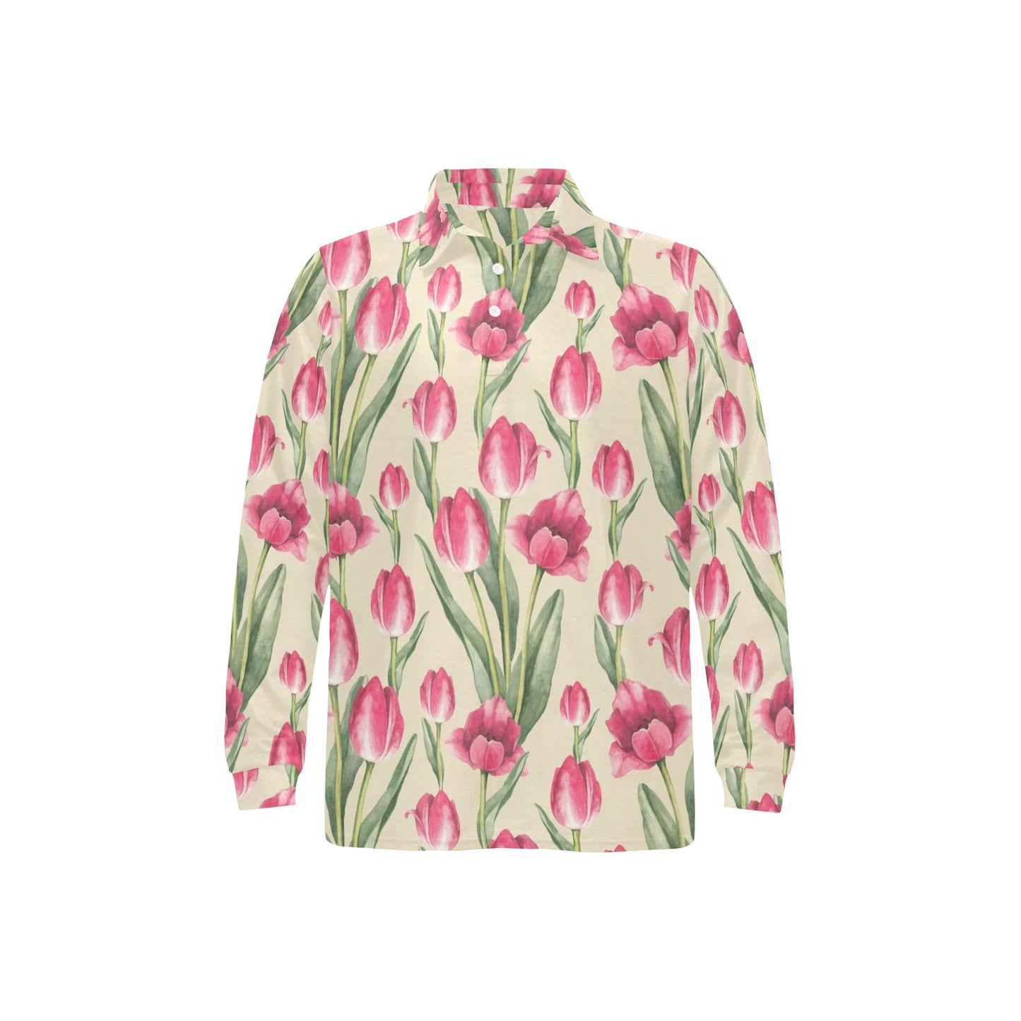 Tulip Pink Pattern Print Design TP06 Long Sleeve Polo Shirt For Men's