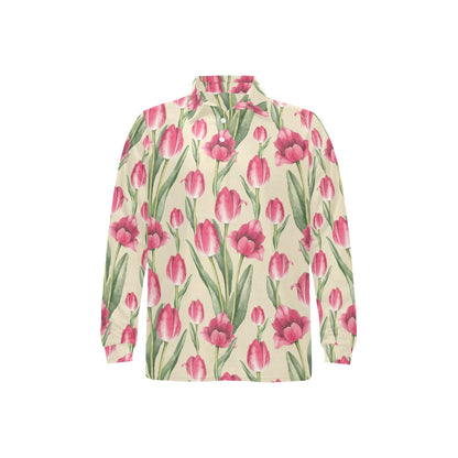 Tulip Pink Pattern Print Design TP06 Long Sleeve Polo Shirt For Men's