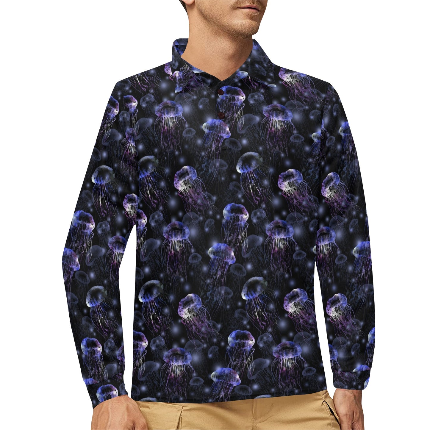 Jellyfish Themed Long Sleeve Polo Shirt For Men's
