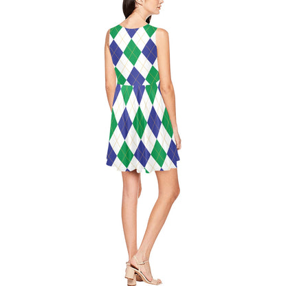 Argyle Green Blue Pattern Print Design 03 Sleeveless Dress