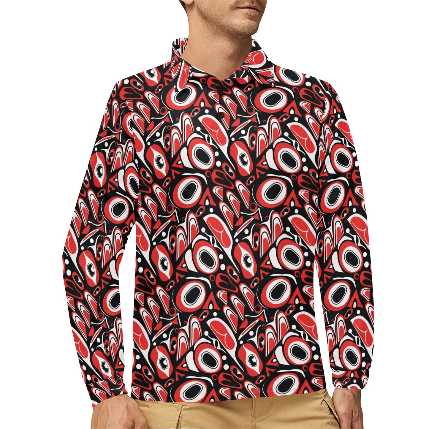 Totem Pole Texture Design Long Sleeve Polo Shirt For Men's