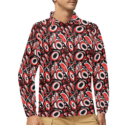 Totem Pole Texture Design Long Sleeve Polo Shirt For Men's