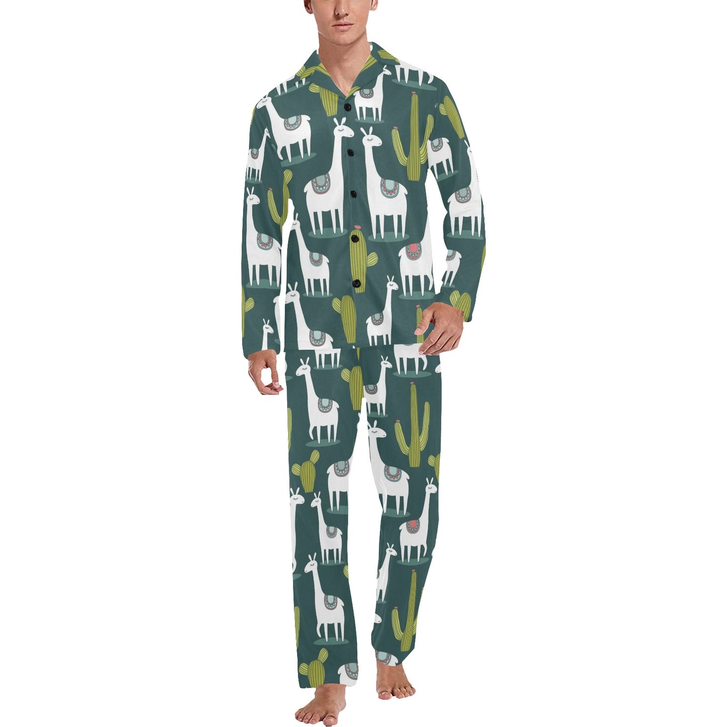 Llama Cactus Pattern Print Design 02 Men's Long Pajama Set