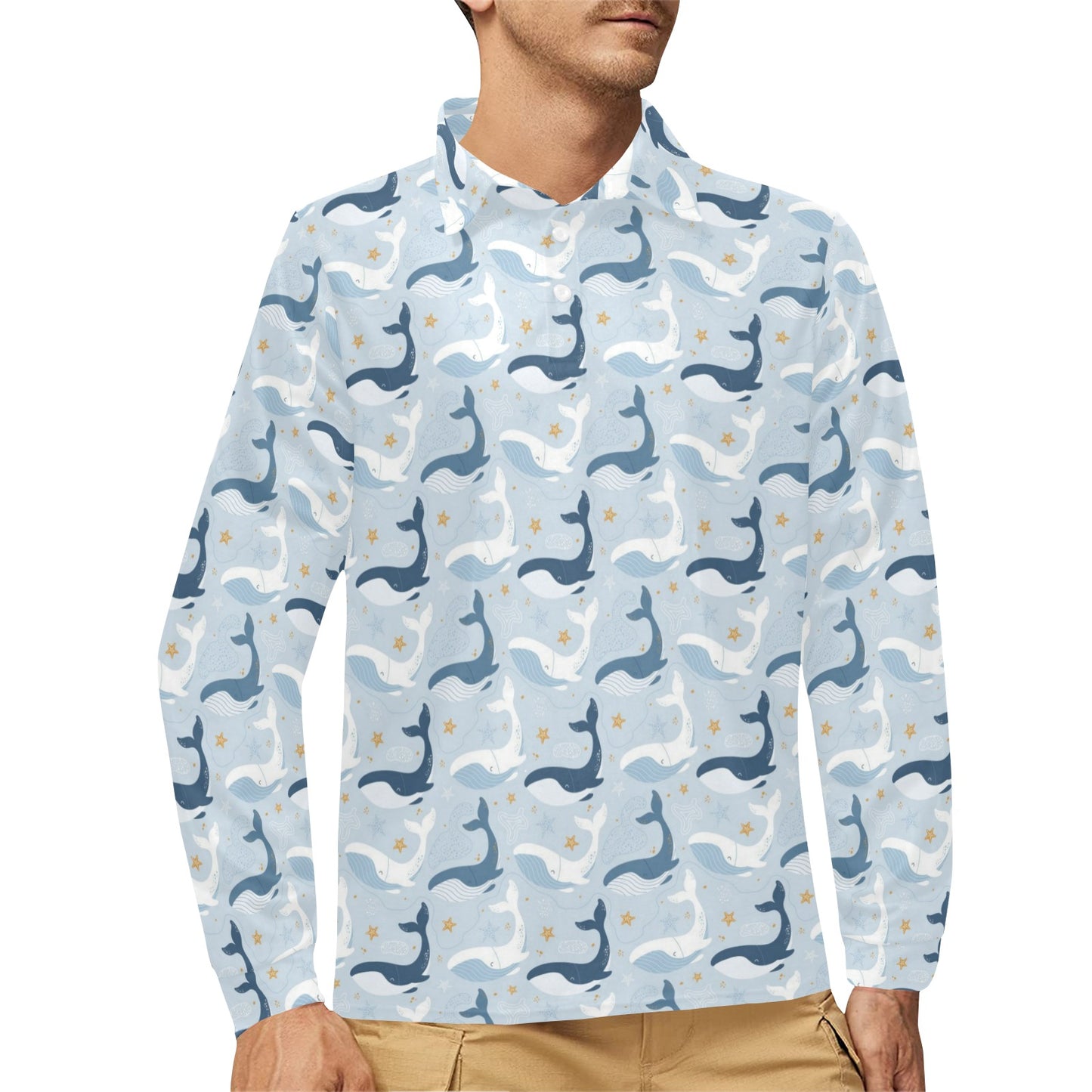 Whale Print Design LKS305 Long Sleeve Polo Shirt For Men's