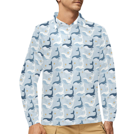 Whale Print Design LKS305 Long Sleeve Polo Shirt For Men's