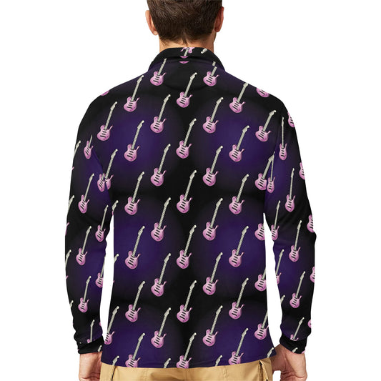 Electric Guitar Print Design LKS405 Long Sleeve Polo Shirt For Men's