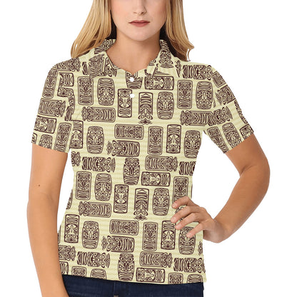 Tiki Brown Mask Print Women's Polo Shirt