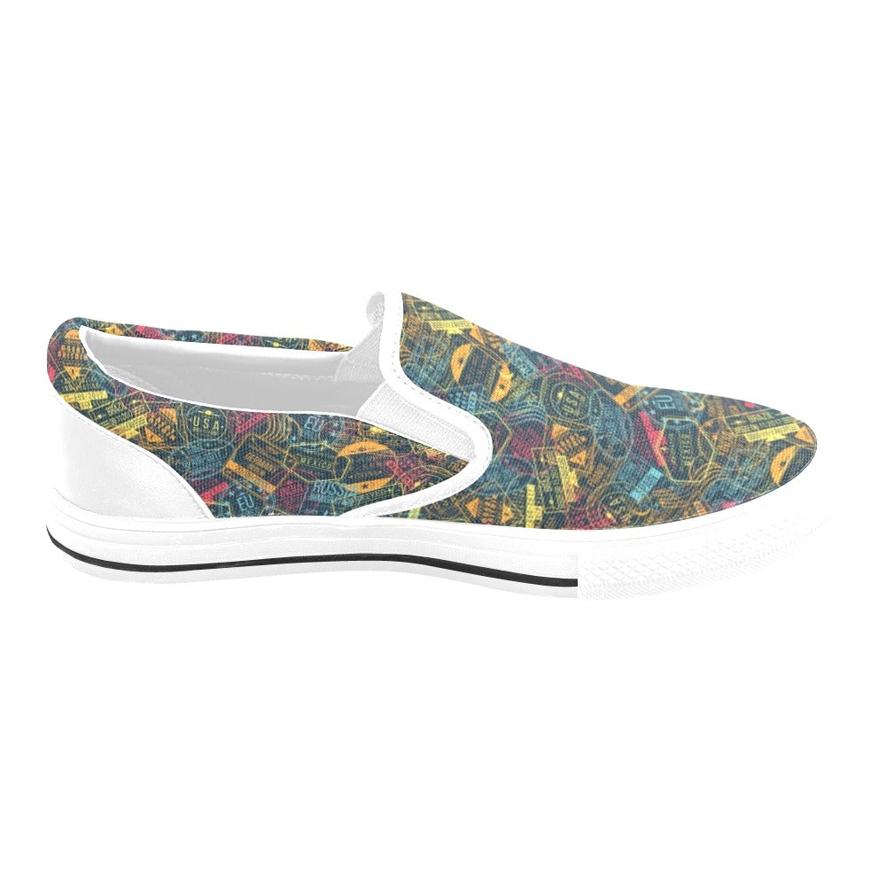 Travel Stamp Colorful Print Design LKS304 White Slip Ons Canvas Women's Shoes