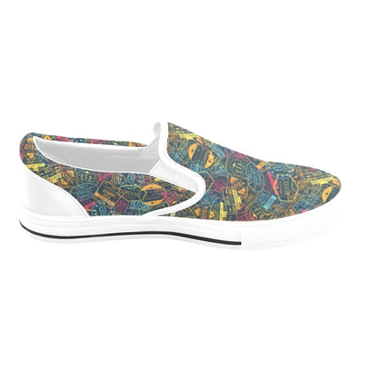 Travel Stamp Colorful Print Design LKS304 White Slip Ons Canvas Women's Shoes