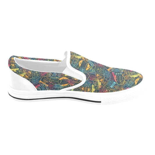 Travel Stamp Colorful Print Design LKS304 White Slip Ons Canvas Women's Shoes