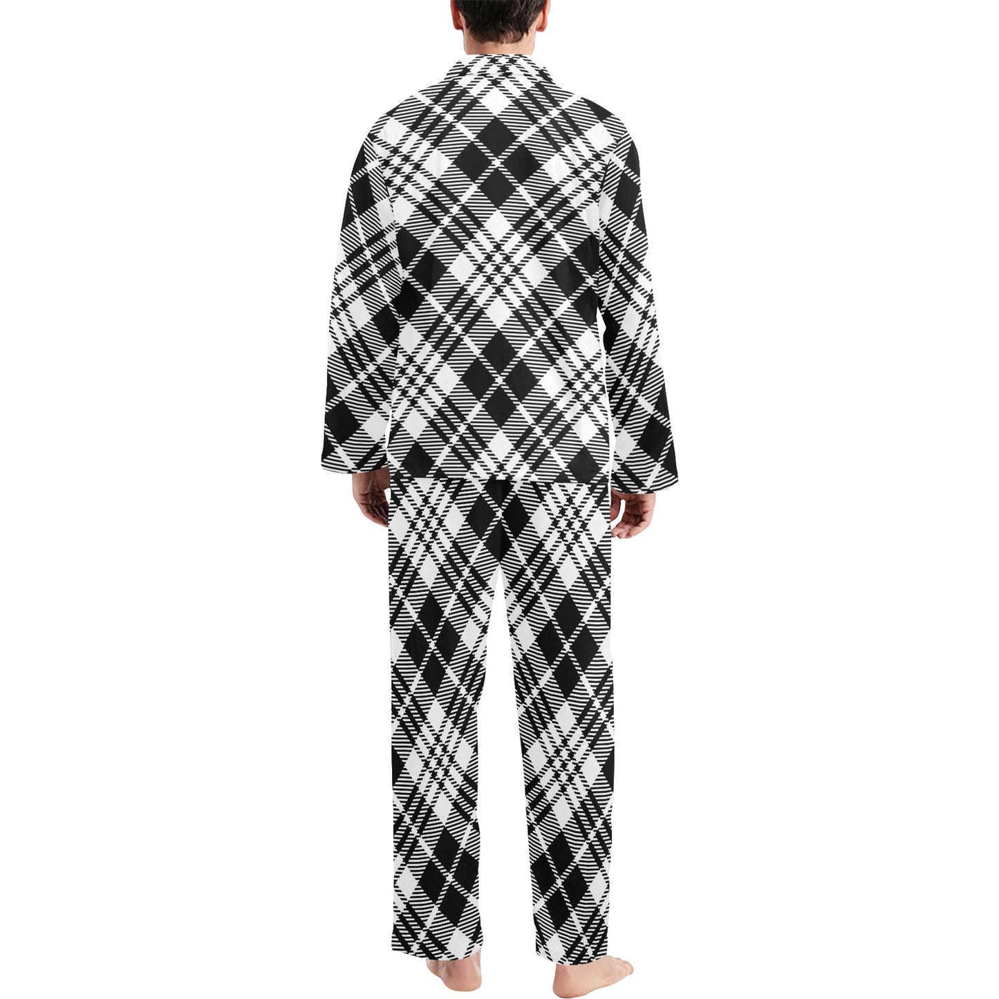 Plaid Black White Pattern Print Design A02 Men's Long Pajama Set