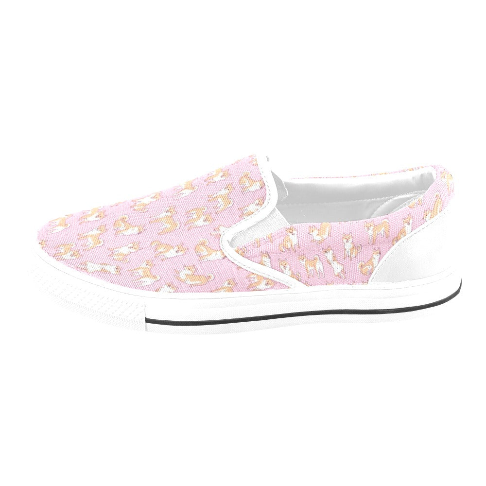 Shiba Inu Print Design LKS303 White Slip Ons Canvas Women's Shoes