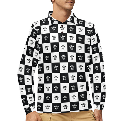 Checkered Flag Crown Pattern Long Sleeve Polo Shirt For Men's