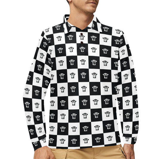 Checkered Flag Crown Pattern Long Sleeve Polo Shirt For Men's