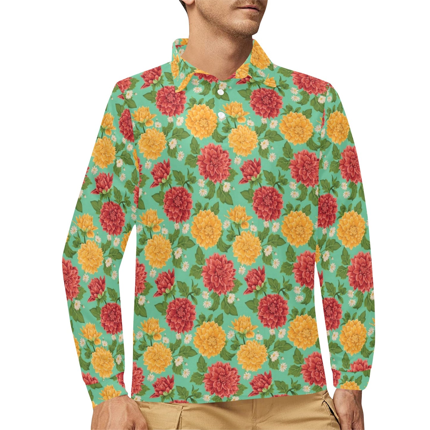 Dahlia Pattern Print Design DH011 Long Sleeve Polo Shirt For Men's